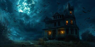 Haunted house with bat and spiders Halloween photo