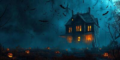 Haunted house with bat and spiders Halloween photo