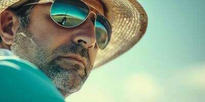 hombre en un Paja sombrero con Gafas de sol de cerca retrato foto