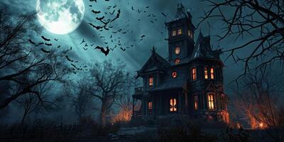 Haunted house with bat and spiders Halloween photo