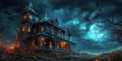 Haunted house with bat and spiders Halloween photo