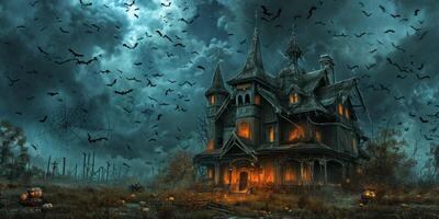 Haunted house with bat and spiders Halloween photo