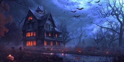 Haunted house with bat and spiders Halloween photo