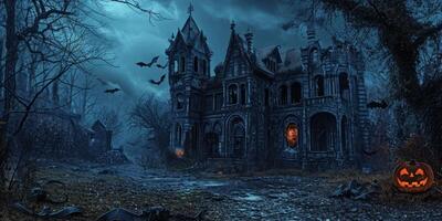 Haunted house with bat and spiders Halloween photo