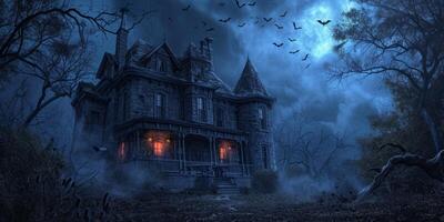 Haunted house with bat and spiders Halloween photo