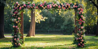 Flower arch for wedding events in the forest in nature photo