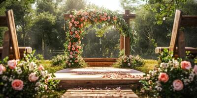 Flower arch for wedding events in the forest in nature photo