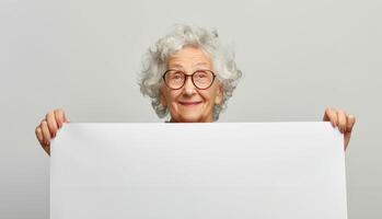 elderly woman holding a white banner in her hands photo