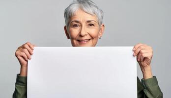 elderly woman holding a white banner in her hands photo