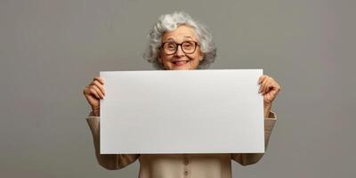 elderly woman holding a white banner in her hands photo