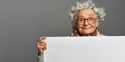 elderly woman holding a white banner in her hands photo