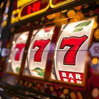 Slot machine showing jackpot win with 777 numbers photo