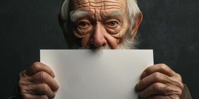 elderly woman holding a white banner in her hands photo