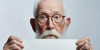 elderly woman holding a white banner in her hands photo