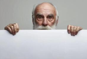 elderly woman holding a white banner in her hands photo