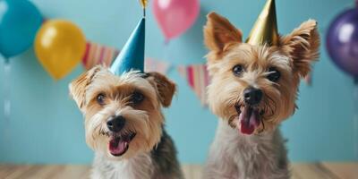 dogs celebrate birthday with caps on their heads photo