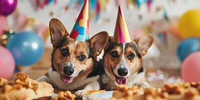 dogs celebrate birthday with caps on their heads photo