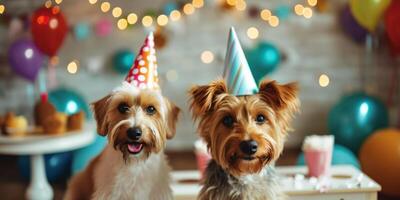 dogs celebrate birthday with caps on their heads photo