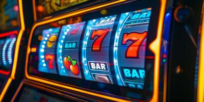 Slot machine showing jackpot win with 777 numbers photo