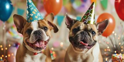 dogs celebrate birthday with caps on their heads photo