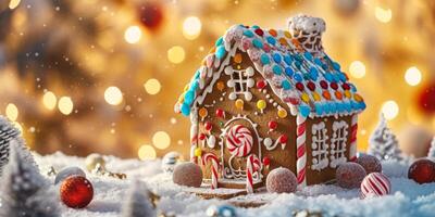 gingerbread house with caramel on blurred background photo
