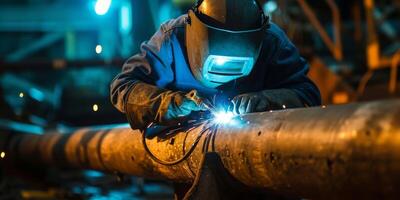 a welder with a shield welds a pipe photo