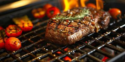 barbecue steak vegetables on the grid photo