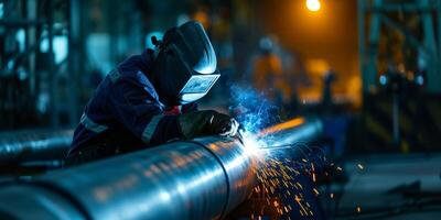 a welder with a shield welds a pipe photo