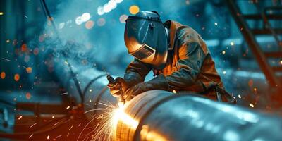 a welder with a shield welds a pipe photo