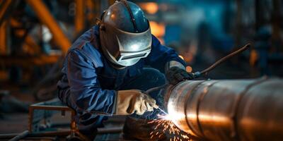 a welder with a shield welds a pipe photo