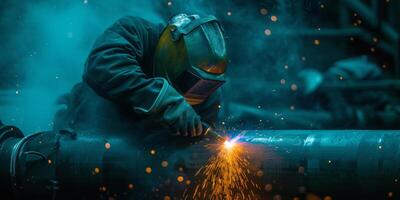 a welder with a shield welds a pipe photo