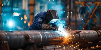 a welder with a shield welds a pipe photo