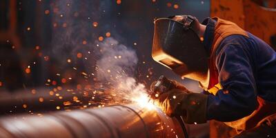 a welder with a shield welds a pipe photo