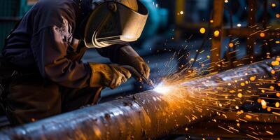 a welder with a shield welds a pipe photo