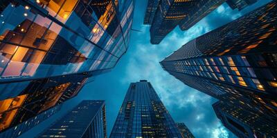 skyscrapers at night view from below photo