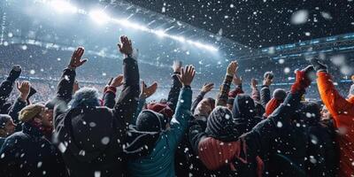 fans in the stands cheer at the stadium in winter photo