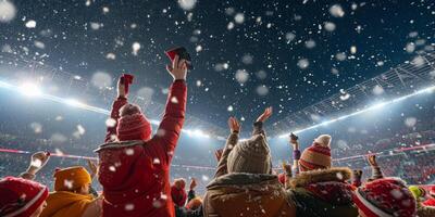 fans in the stands cheer at the stadium in winter photo