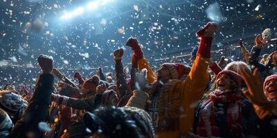 fans in the stands cheer at the stadium in winter photo