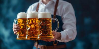 waiter serving beer at the Oktoberfest beer festival photo