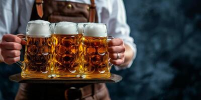 waiter serving beer at the Oktoberfest beer festival photo