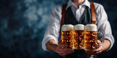 waiter serving beer at the Oktoberfest beer festival photo