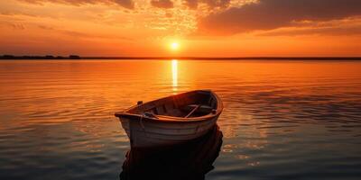 vacío barco en el lago a puesta de sol foto