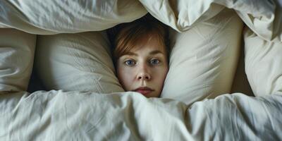 mujer despierta arriba entre almohadas foto