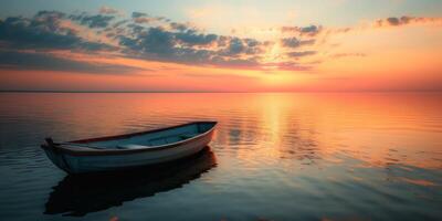 vacío barco en el lago a puesta de sol foto