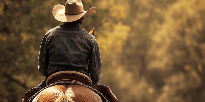 cowboy in the saddle on a horse rear view photo