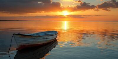 vacío barco en el lago a puesta de sol foto