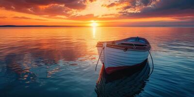 vacío barco en el lago a puesta de sol foto