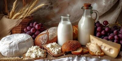 Leche un pan y queso comestible según la ley judía productos foto