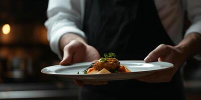 waiter carries a plate of food photo