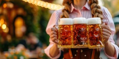waiter girl carries glasses of Oktoberfest beer photo